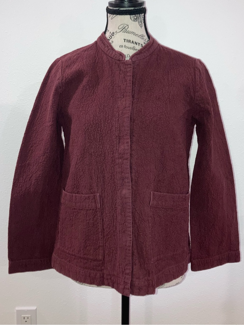 Eileen Fisher Deep Claret Organic Crepe Cotton Mandarin Collar Jacket Petite Med